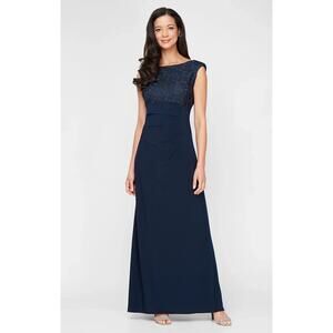 NWT Alex Evenings Women's Navy Blue Long Cowl Back Lace & Jersey Gown Size 16